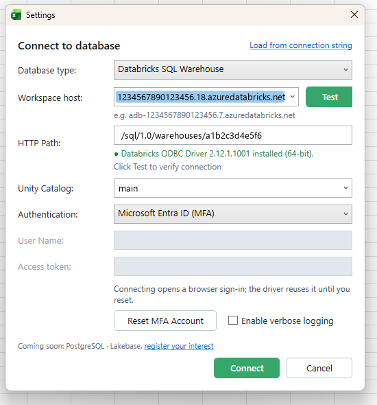 The Workbook Connect connection dialog set to Databricks SQL Warehouse, with workspace host, HTTP path, Unity Catalog and authentication filled in