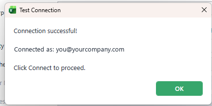 A Test Connection dialog reading Connection successful, and showing which account the connection was made as