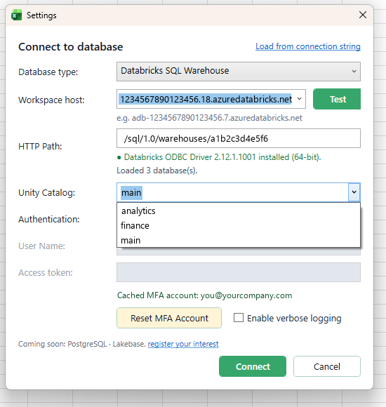 The Unity Catalog dropdown in the connection dialog, open and listing three catalogs loaded from the connected workspace