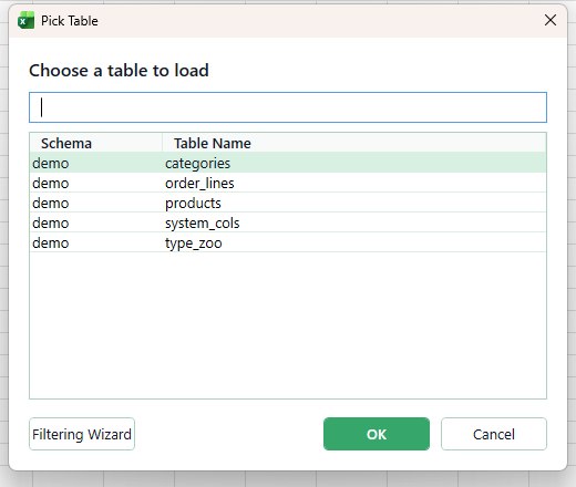 The Pick Table dialog listing the schemas and table names the signed-in account has access to