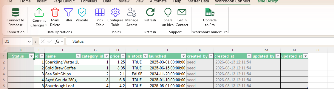 The Workbook Connect ribbon tab in Excel, above a loaded table with a green header row and a __Status column