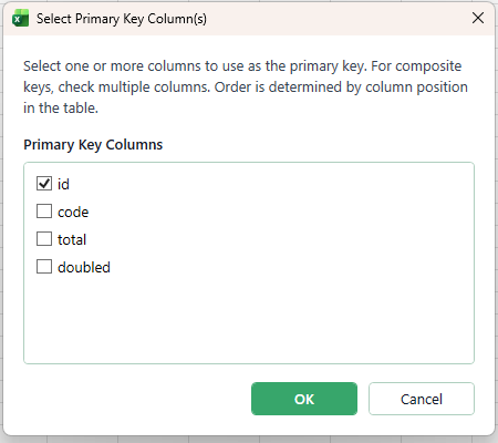 The Select Primary Key Columns dialog with a checkbox list of columns and the id column ticked