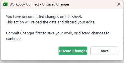 A warning dialog telling the user there are unsaved changes and asking whether to discard them before refreshing