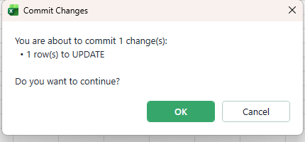 A Commit Changes confirmation dialog listing how many rows will be updated and asking whether to continue