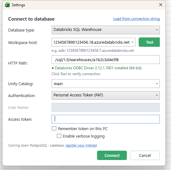The Databricks connection dialog with authentication set to Personal Access Token, showing an empty access token field and a greyed out user name field