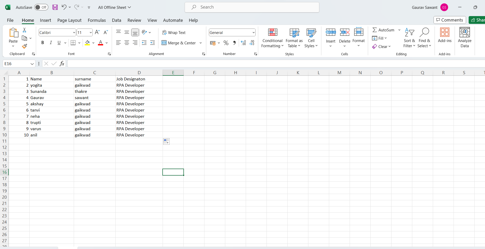 Excel screenshot showing front-end setup