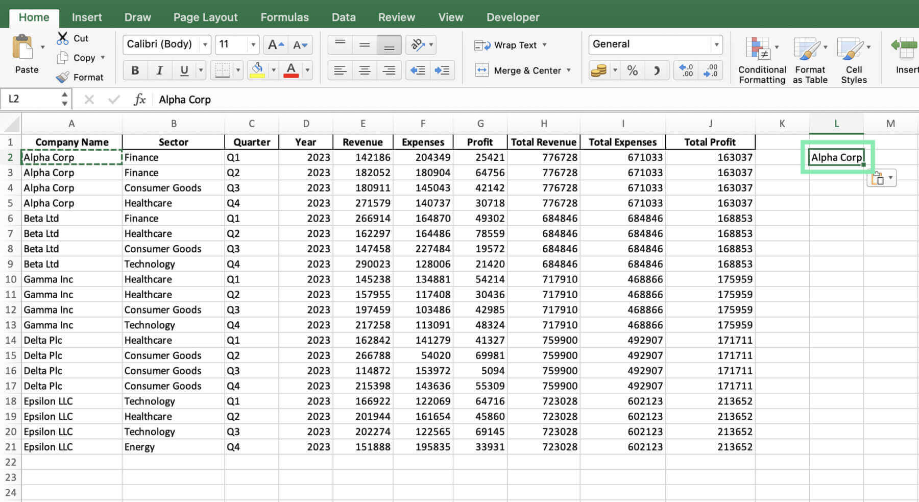 Excel screenshot showing data management